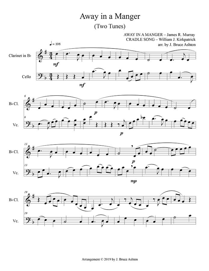 music page-Away in a Manger clarinet/cello